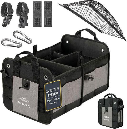 Compact Car Trunk Organizer 2-Section – Grocery, Tools, Cleaning Supplies Storage – Foldable Dual-Compartment Cargo Bin with Cover Net – Gray