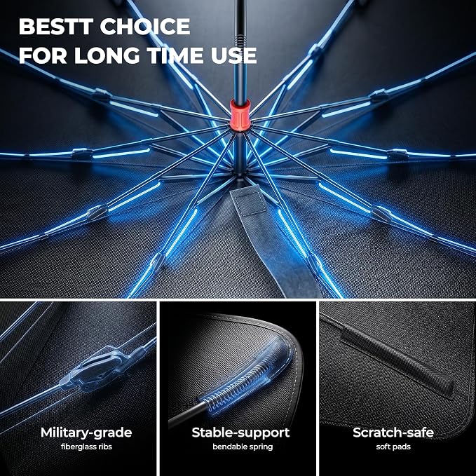 DMJN Umbrella Windshield Sun Shade - Small, Car Sunshade for Front Windshield [Nano Ice-Crystal Coatings] UPF50+ Heat & UV Block, Protect Interior & Keep Cooler Universal for Car, SUV, Truck