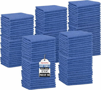 Shop Towels (Blue, 150-Pack) - Bulk Cleaning Towel in a Bag, Mechanic Cotton Wipes for Car Maintenance, Auto Mechanics & Garage, Wipe Grease & Oil, Machine Wash & Reusable