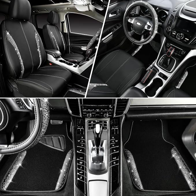 CAR PASS Leather Bling Diamond Car Seat Covers Front & Waterproof Rhinestone Car Floor Mats 4pcs & Sparkly Steering Wheel Cover 15' Universal Shining Interior Sets for 95% SUV Cute Women Black Silver