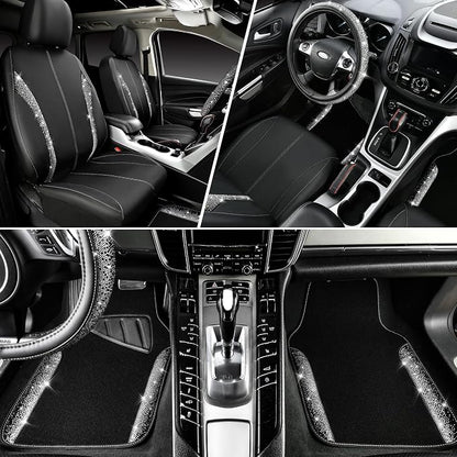 CAR PASS Leather Bling Diamond Car Seat Covers Front & Waterproof Rhinestone Car Floor Mats 4pcs & Sparkly Steering Wheel Cover 15' Universal Shining Interior Sets for 95% SUV Cute Women Black Silver