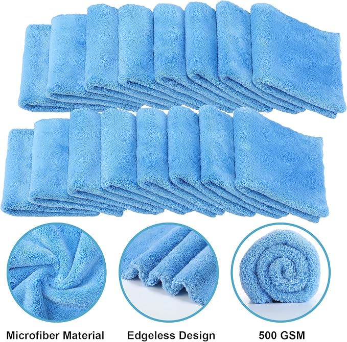 Shimeyao 30 Pcs 12.5 × 12.5 Inch Edgeless Microfiber Plush Towels for Cars Detailing Drying Wash Polishing Absorbent Cleaning Cloths, 500 GSM (Light Blue)