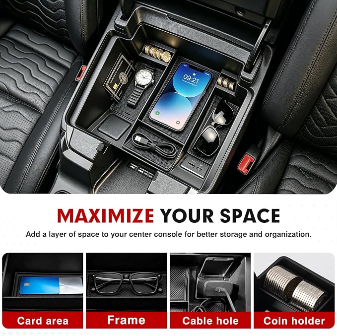 Autorder Center Console Organizer for 2022-2026 Chevy Chevrolet Silverado&Sierra 1500/2024-2026 Silverado&GMC Sierra 2500HD/3500HD Accessories Armrest Storage Box(Only Fit Full Console w/Bucket Seats)
