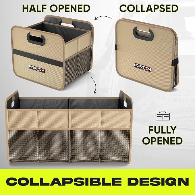 FORTEM Car Trunk Organizer, Collapsible Two Compartment Organizer, Foldable SUV & Truck Storage for Car Accessories for Women Men, Non Slip Bottom, Sturdy Side Walls, Strong Handles, 45L