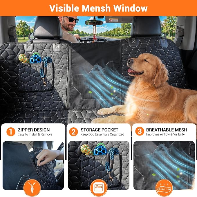 Meginc Dog Car Seat Cover for Back Seat, 56" Waterproof Dog Car Hammock with Mesh Window and Side Flaps, 600D Oxford Fabric Pet Seat Protector for Cars, SUVs & Mid-Size Trucks, Black
