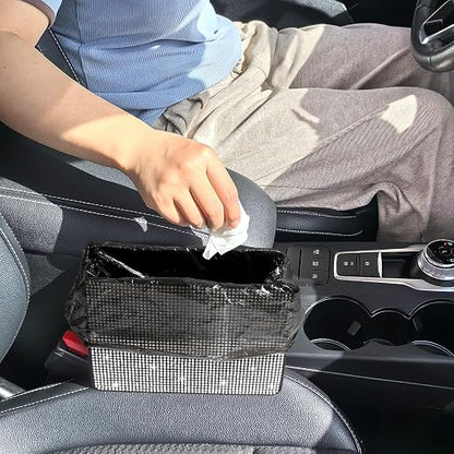 Accmor Bling Car Trash Can, Foldable Vehicle Trash Bin Dustbin Garbage Organizer Storage, Sparkling Crystal Rhinestone Trash Bags Holder Container with 30pcs Garbage Bag Car Accessories for Auto, SUV