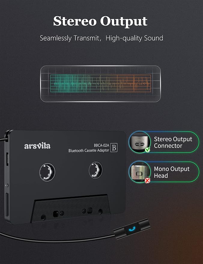 arsvita Bluetooth 5.0 Cassette to Aux Adapter for Car, Tape Audio Adapter, Hands-Free Call, Charcoal Black