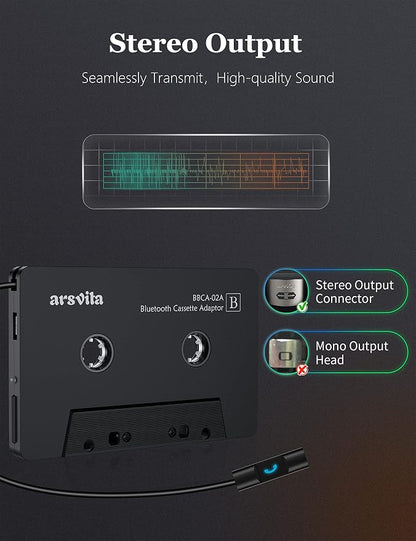 arsvita Bluetooth 5.0 Cassette to Aux Adapter for Car, Tape Audio Adapter, Hands-Free Call, Charcoal Black