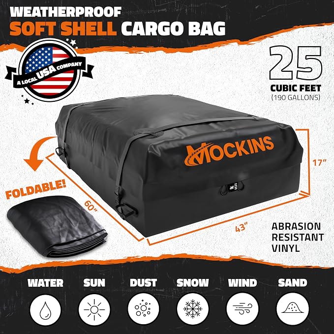Mockins 25 CuFt Waterproof Rooftop Cargo Carrier Bag | 60"x43"x17" All-Weather 500D Soft-Shell Vinyl Car Top Carrier Without Roof Rack | Vehicle Soft-Shell Carriers with Roof Mat, Lock, Hooks & Straps
