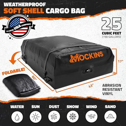 Mockins 25 CuFt Waterproof Rooftop Cargo Carrier Bag | 60"x43"x17" All-Weather 500D Soft-Shell Vinyl Car Top Carrier Without Roof Rack | Vehicle Soft-Shell Carriers with Roof Mat, Lock, Hooks & Straps