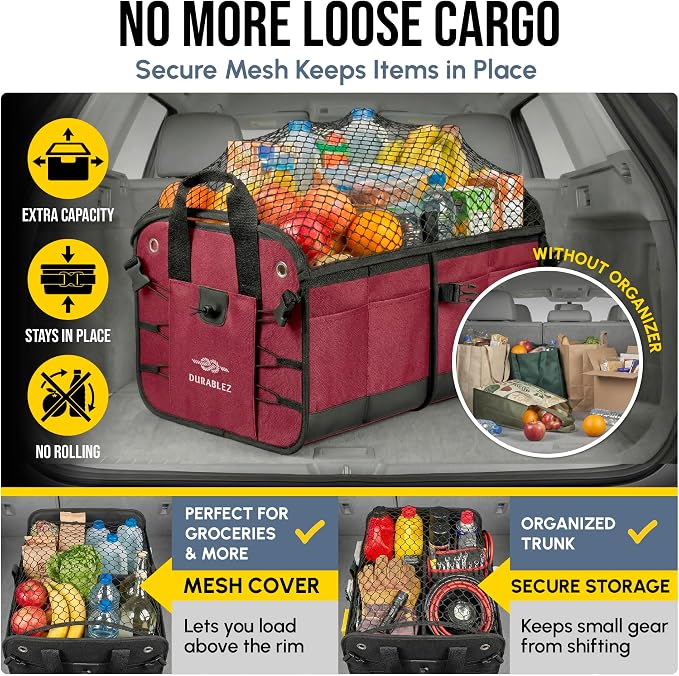 4-Section Trunk Organizer for SUV, Truck, Van, Sedan – Modular Extra Large Cargo Bin, Detachable Car Trunk Storage with Dividers, Collapsible Auto Organization System – Cherry