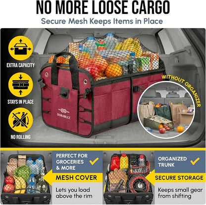 4-Section Trunk Organizer for SUV, Truck, Van, Sedan – Modular Extra Large Cargo Bin, Detachable Car Trunk Storage with Dividers, Collapsible Auto Organization System – Cherry