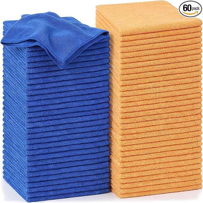 Nuenen 60 Pcs Microfiber Cleaning Cloths for Cars 16 x 16 Inch Ultra Absorbent Car Towels Drying Reusable Cleaning Supplies House Kitchen Window Microfiber Towel (Yellow,Blue)