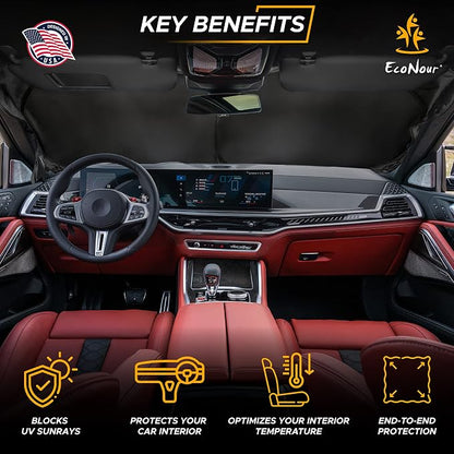 EcoNour Windshield Sun Shade Foldable Front Window Sunshade | Durable 240T Material Car Sun Visor for UV Rays & Sun Heat Protection | Interior Accessories | Medium (64 inches x 32 inches)