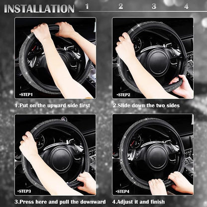 CAR PASS Diamond Black Leather Steering Wheel Cover, with Bling Crystal Rhinestones Universal Fit 14" 1/2-15" Crystal Glitter for Women Sparkle Girl Fit Suvs,Vans,Sedans,Cars,Trucks, White Diamond