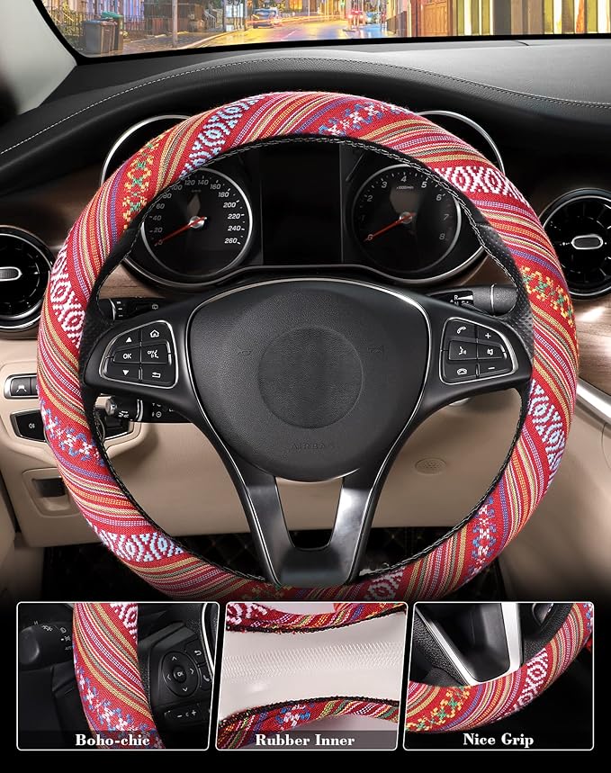 SEG Direct Boho Steering Wheel Cover with Baja Blanket Cloth, Ethnic Style Auto Wheel Cover Made of Coarse Flax, Fits 14 1/2-15 1/4 inches Car Wheel