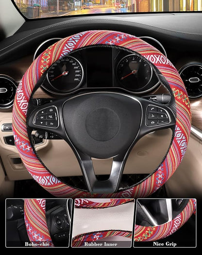 SEG Direct Boho Steering Wheel Cover with Baja Blanket Cloth, Ethnic Style Auto Wheel Cover Made of Coarse Flax, Fits 14 1/2-15 1/4 inches Car Wheel