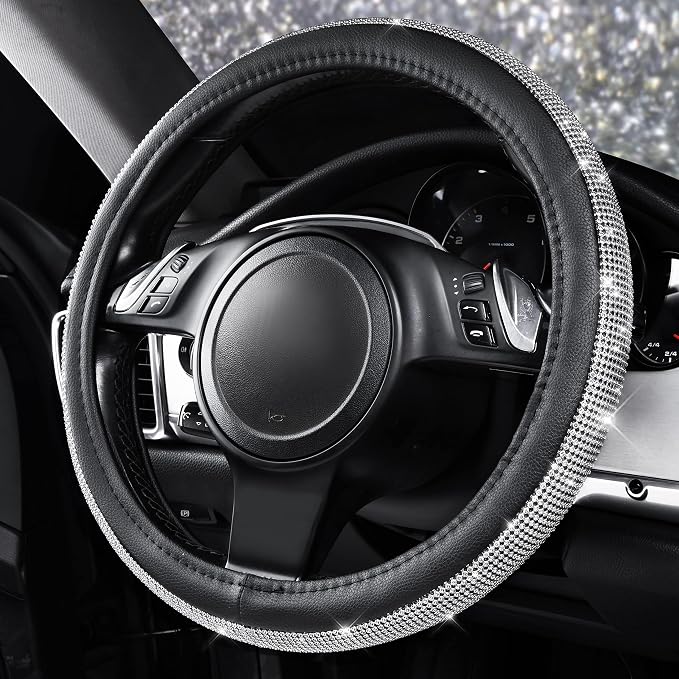 CAR PASS Bling Silver Diamond Leather Steering Wheel Cover, with Sparkly Crystal Glitter Rhinestone Universal Fit 13" 1/2-14" Small Car Wheel Protector for Women Girl Fit Car,SUV,Van,Sedan, Silver