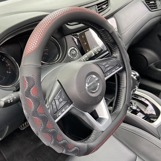 PINCTROT D Shaped 14 Inch Small Sized Steering Wheel Cover Great Grip with 3D Honeycomb Anti-Slip Design, Flat Bottom 14 Inch (Wine Red)