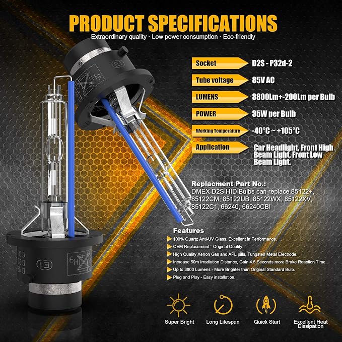 DMEX D2S HID Headlight Bulbs 6000K Cool White Xenon 35W 85122 66240 66040 66240CBI Replacement - Pack of 2 (Not fit Halogen Headlamp)