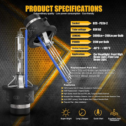DMEX D2S HID Headlight Bulbs 6000K Cool White Xenon 35W 85122 66240 66040 66240CBI Replacement - Pack of 2 (Not fit Halogen Headlamp)