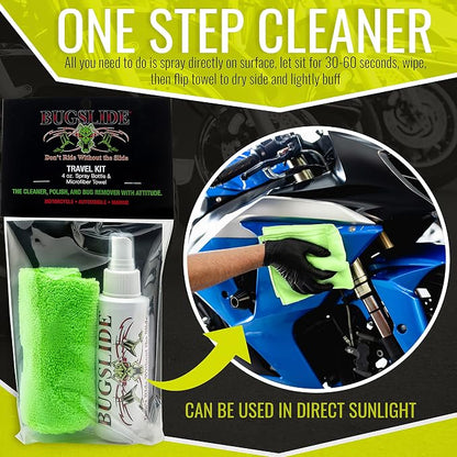 BugSlide 4 Oz Travel Kit with Cleaner with Microfiber Towel - Multisurface Cleaning and Car Detailing Solution That Shines and Degreases Your Car, Convenient Size for Travel