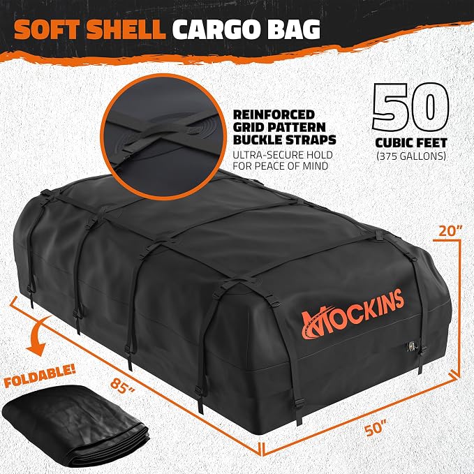 Mockins 90"x50"x5" XXL Heavy Duty Roof Rack Cargo Carrier w/ 250 Lbs. Cap | With 50 Cu Ft Waterproof Soft Vinyl Rooftop Cargo Bag | Roof Basket for SUV Car Truck RV & Van w/ Car Top Carrier Accessories