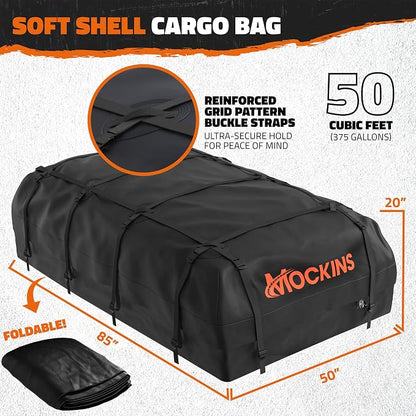 Mockins 90"x50"x5" XXL Heavy Duty Roof Rack Cargo Carrier w/ 250 Lbs. Cap | With 50 Cu Ft Waterproof Soft Vinyl Rooftop Cargo Bag | Roof Basket for SUV Car Truck RV & Van w/ Car Top Carrier Accessories