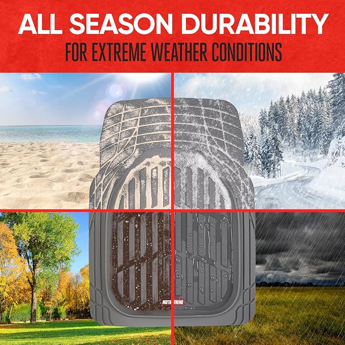 Motor Trend Original FlexTough Gray Rubber Car Floor Mats for 3 Row Vehicles, Front & Rear 2nd Row Deep Dish All Weather Automotive Heavy Duty Trim to Fit, Automotive Liners for Cars Truck Van SUV