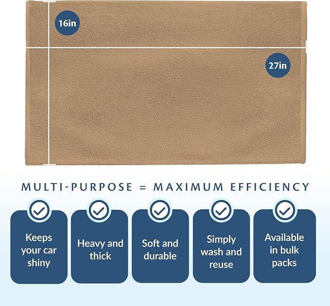 Car Care Essentials Wash Dry and Detail Towels, Set of 12, Beige, 100% Ring Spun Cotton, 16” X 27”, 4.25 lbs. per dz. Heavy Thick, Premium Multi-Purpose Towels