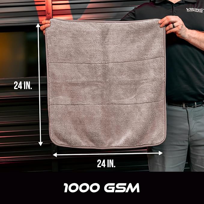 VIKING Microfiber Towel, Premium Car Drying Towel, Soft, Super Absorbent, Thick 1000gsm for Car Detailing Kit, Grey, 24 Inch x 24 Inch, 1 Pack
