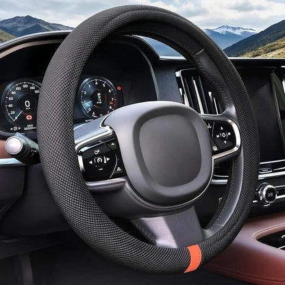 15" Universal Cooling Steering Wheel Cover, Microfiber Non-Slip Breathable Cooling Steering Wheel Protector with Silicone Inner Ring for Round/D Shape, Warm in Winter Cool in Summer, Black Orange