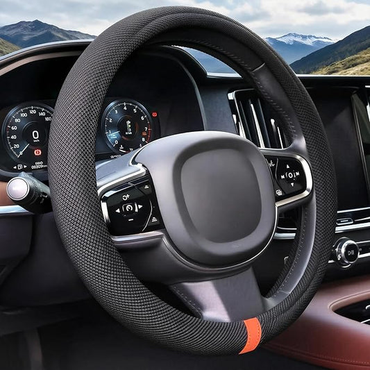 15" Universal Cooling Steering Wheel Cover, Microfiber Non-Slip Breathable Cooling Steering Wheel Protector with Silicone Inner Ring for Round/D Shape, Warm in Winter Cool in Summer, Black Orange