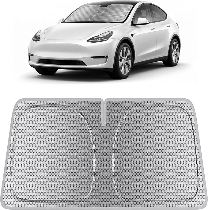 helloleiboo Windshield Sun Shade for Tesla Model Y & Model 3 2017-2026 Honeycomb Thermal Heat Shield UV Protection Foldable Custom Fit Front Window Sunshade Silver 56" x 37"