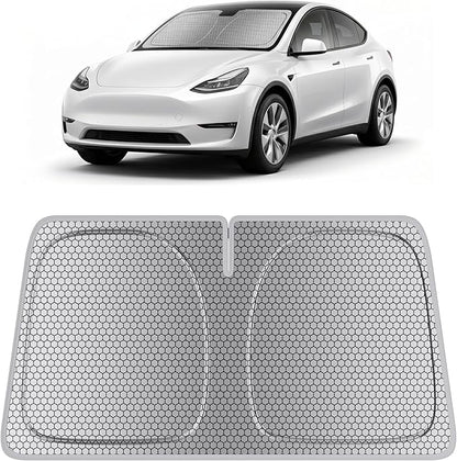 helloleiboo Windshield Sun Shade for Tesla Model Y & Model 3 2017-2026 Honeycomb Thermal Heat Shield UV Protection Foldable Custom Fit Front Window Sunshade Silver 56" x 37"