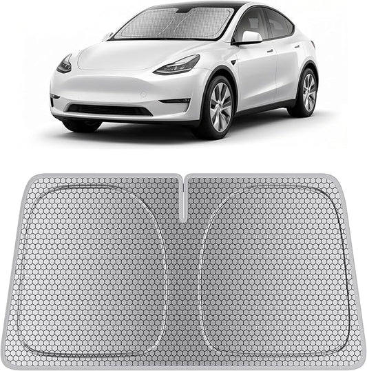 helloleiboo Windshield Sun Shade for Tesla Model Y & Model 3 2017-2026 Honeycomb Thermal Heat Shield UV Protection Foldable Custom Fit Front Window Sunshade Silver 56" x 37"