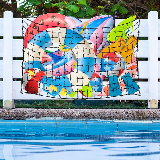 Extra Large Pool Toy Float Storage Net, 71×47'' Heavy Duty Hanging Elastic Mesh Net Organizer with 20 Hooks, 50 Cable Ties, Swimming Poolside Fence Toys Holder for Inflatable Rafts Pool Noodles Balls
