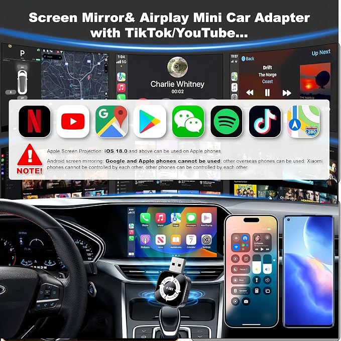 2026 Upgraded Wireless Carplay Adapter,4 in 1 Screen Mirroring Support Mirror Link/AirPlay for iPhone CarPlay & Android Auto,Mini USB/Type-C Plug & Play Car Play Adapter, Wired to Wireless No Latency