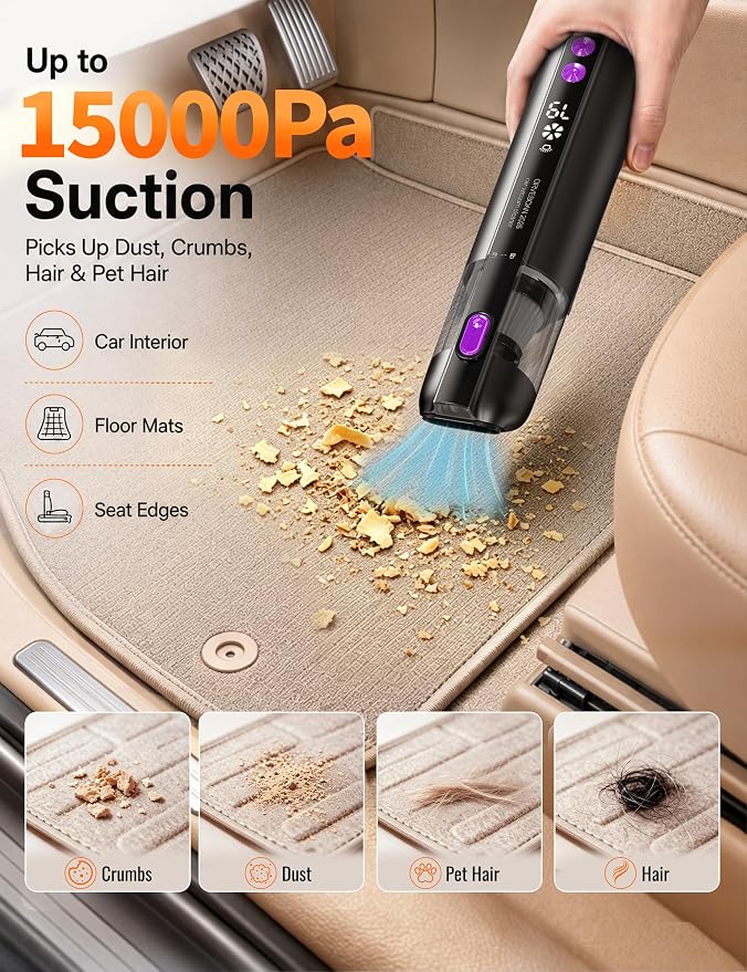 Handheld Cordless Car Vacuum Cleaner 15000Pa, 3-in-1 Portable Vacuum with LED Light,LED Display & Washable HEPA Filter,USB-C Rechargeable, up to 30-Min Runtime for Car, Home, Desk & Pet Hair(black)