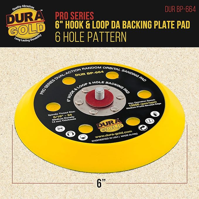 Dura-Gold Pro Series 6" Hook & Loop DA Sander Backing Plate Pad, 6 Hole Pattern Dustless - Flexible Edge Dual-Action Random Orbital Sanding Pad, 14mm Thick - Polisher Auto Paint Woodworking Sandpaper