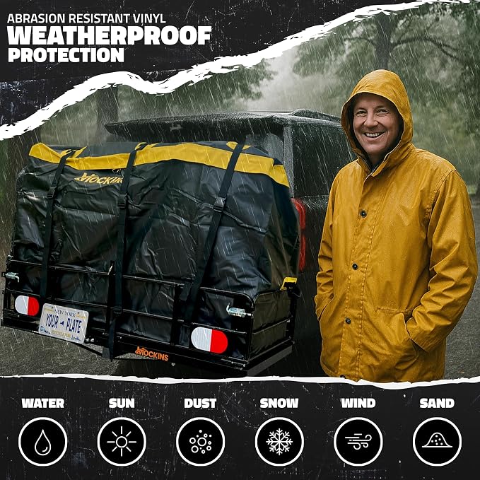 Mockins 60"x24"x14" High Rail Trailer Hitch Cargo Carrier w/License Plate Bracket & 30 Cu.Ft. Waterproof Cargo Hitch Carrier Bag | 500 Lbs. Cap All-Weather Folding Luggage Rack for SUV Truck & Car Set