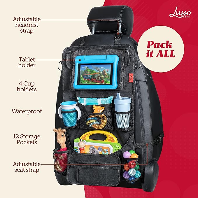 Lusso Gear Heavy Duty Back Seat Car Organizer Extra Large for Protection, Sag Proof & Reinforced Corners, Protects iPad & Backseat, 12 Versatile Car Seat Organizer Storage Compartments (Black) 2-Pack