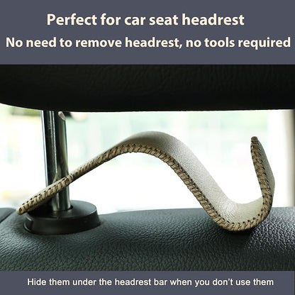 Amooca Car Seat Headrest Hook 4 Pack Metal Core Hanger Universal Car Storage Organizer for Handbag Purse Coat S Type Leather Beige