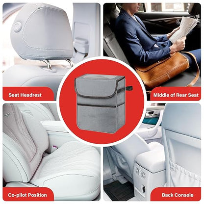 HealSmart 2 Gallon Car Trash Can Lid and Storage Pockets, Leak-Proof Collapsible and Portable Organizer, Multipurpose Garbage Bin with Adjustable Straps, Grey (Pack of 2)