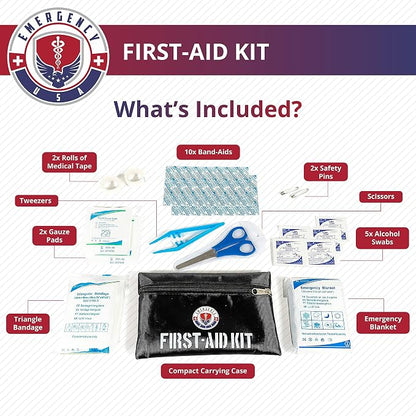 Roadside Car Emergency Kit - First Aid Set, Jumper Cables, Tow Strap, LED Flash Light, Rain Coat, Tire Pressure Gauge, Safety Vest and More (Black)