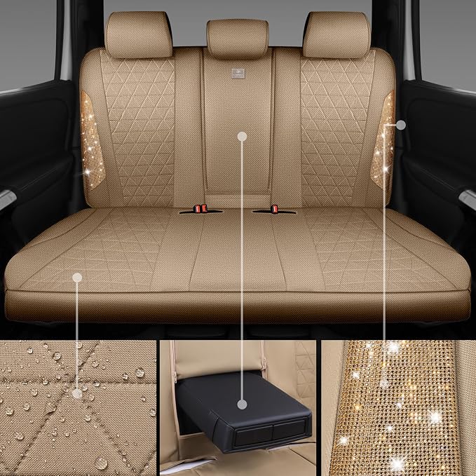 CAR PASS Beige Oxford Bling Diamond Car Seat Covers Full Set Interior Sets, Waterproof Shining Glitter Sparkly Crystal Universal Armrest Fit 95% Automotive Truck SUV Cute Women Girl, Beige Rhinestone