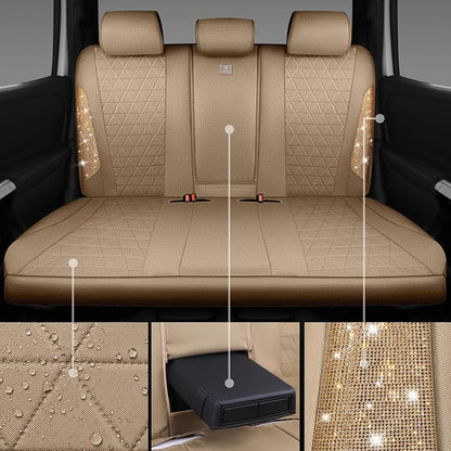CAR PASS Beige Oxford Bling Diamond Car Seat Covers Full Set Interior Sets, Waterproof Shining Glitter Sparkly Crystal Universal Armrest Fit 95% Automotive Truck SUV Cute Women Girl, Beige Rhinestone