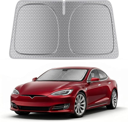 helloleiboo Windshield Sun Shade for Tesla Model S & Model X 2016-2026 Graphene Honeycomb Heat Shield with UV Protection Foldable Custom Fit Front Window Sunshade Silver 58" x 41"