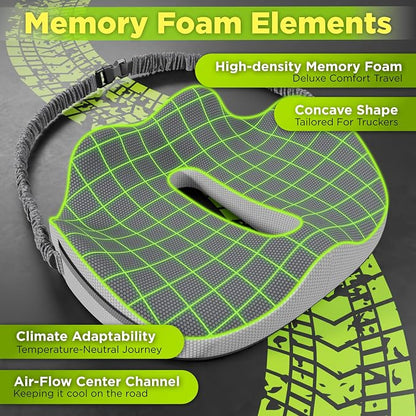 XL Truck Seat Cushion for Truck Driver Seat Cushion - Upgraded Back Support, CertiPUR-US® Certified - Thick Memory Foam, Pain Relief for Hours of Driving, Trucker Approved Big Rig - Gray