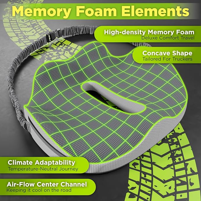 Medium Truck Seat Cushion for Truck Driver Seat Cushion - Upgraded Back Support, CertiPUR-US® Certified - Thick Memory Foam, Pain Relief for Hours of Driving, Trucker Approved Big Rig - Gray